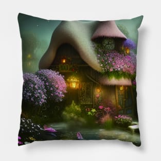 Sparkling Fantasy Cottage with Lights and Glitter Background in Forest, Scenery Nature Pillow