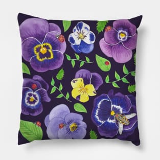 Pansies Ladybugs Bumblebees and Leaves Purple Pillow