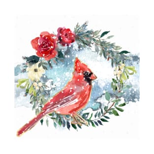 Winter cardinal wreath snowy scene T-Shirt