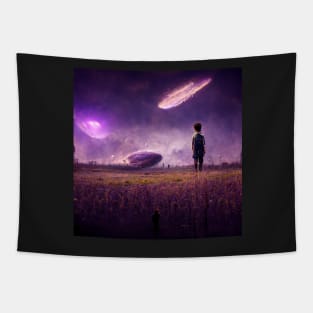 boy standing in apocalyptic field Tapestry