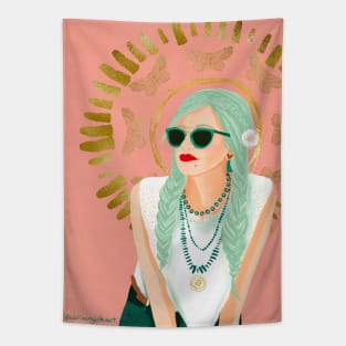 Bohemian Girl with Red Lipstick and Sunglasses Tapestry