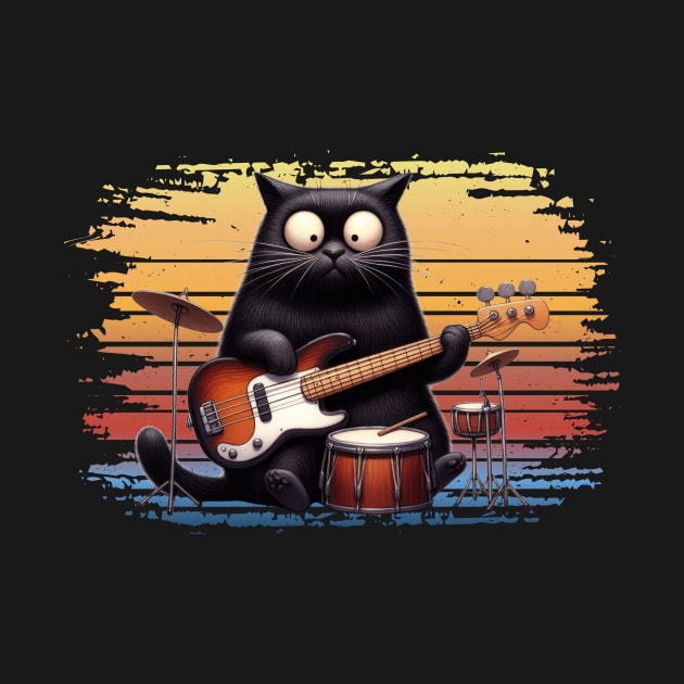 Retro Kitten Rock Band Cat Playing Drums and Guitar by Positive Designer