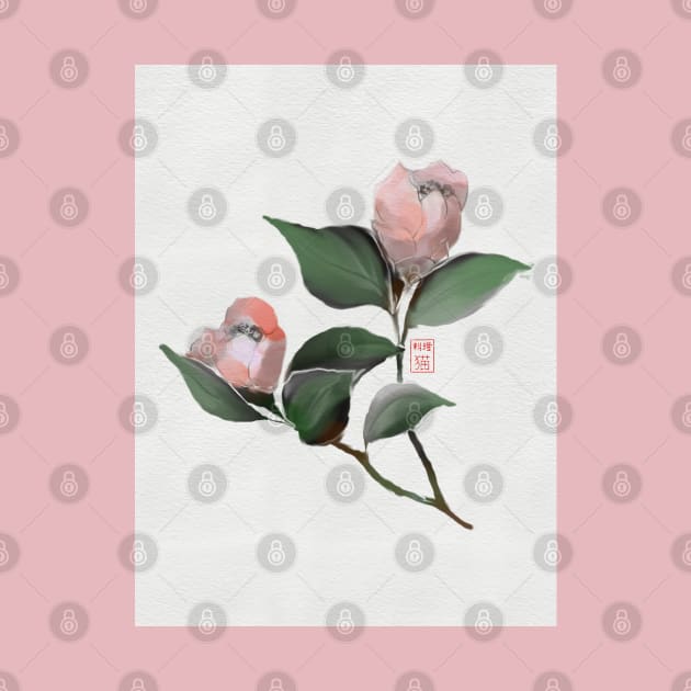 Pink watercolor and sumiE camellia flowers by cuisinecat