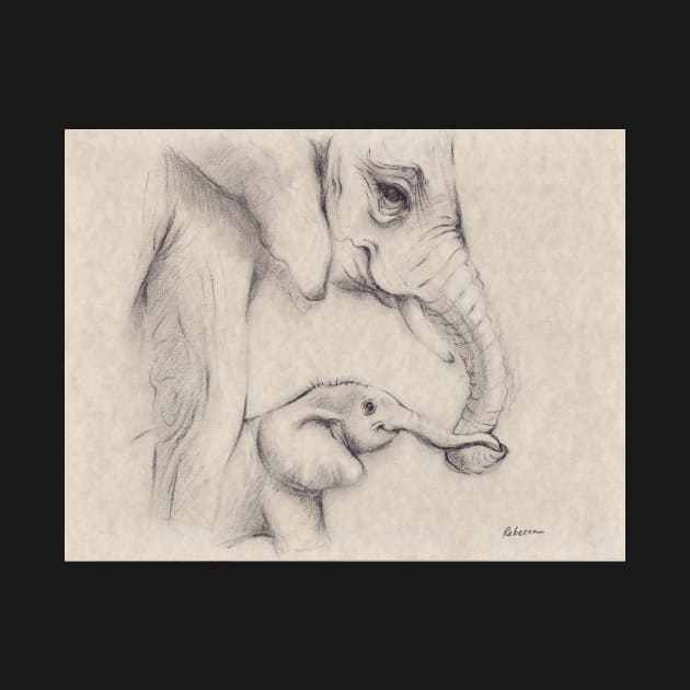 My Little One - Mama & Baby Elephant Charcoal Pencil Drawing by tranquilwaters