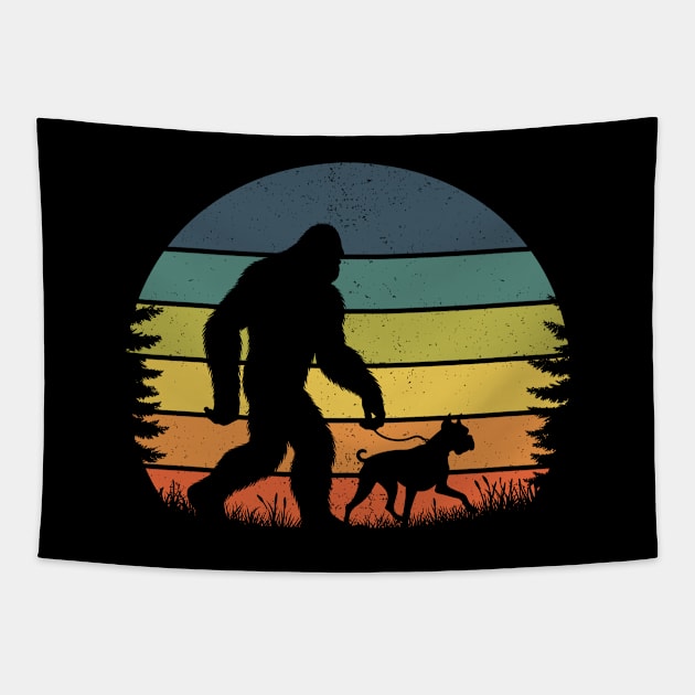Bigfoot Walking Boxer Dog Vintage Sunset Hiking Dog Tapestry by Cuteness Klub