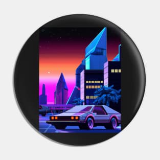 Retrofuturistic cyberpunk  car in synthwave city Pin