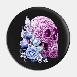 Purple Floral Sugar Skull Day Of The Dead Blue Flowers Pin