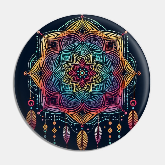 Psychedelic looking abstract illustration of a dreamcatcher Pin by WelshDesigns