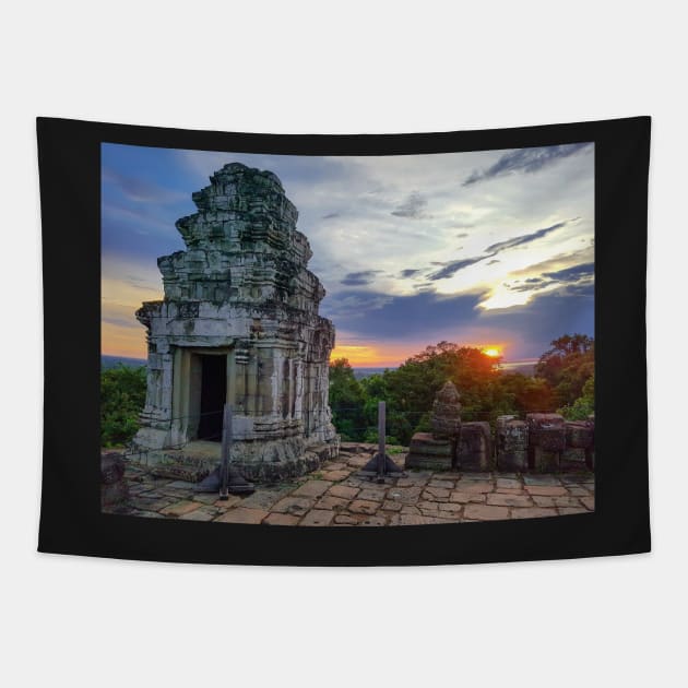 Temple Ruins at Sunset, Cambodia Tapestry by Anastasia-03