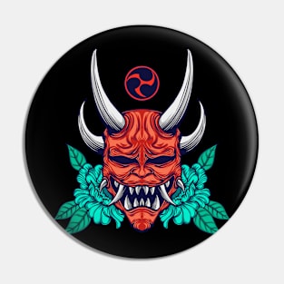 red oni mask with leaves on the back Pin