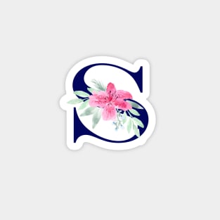 Watercolor Floral Letter S in Navy Magnet