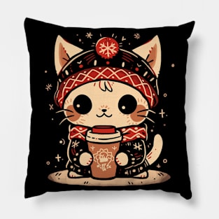 Cute Anime Christmas Coffee Cat Pillow