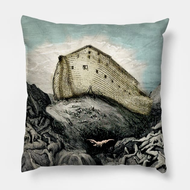 Outside Noah's Ark, flood and death, inside it, animals and God in charge Pillow by Marccelus