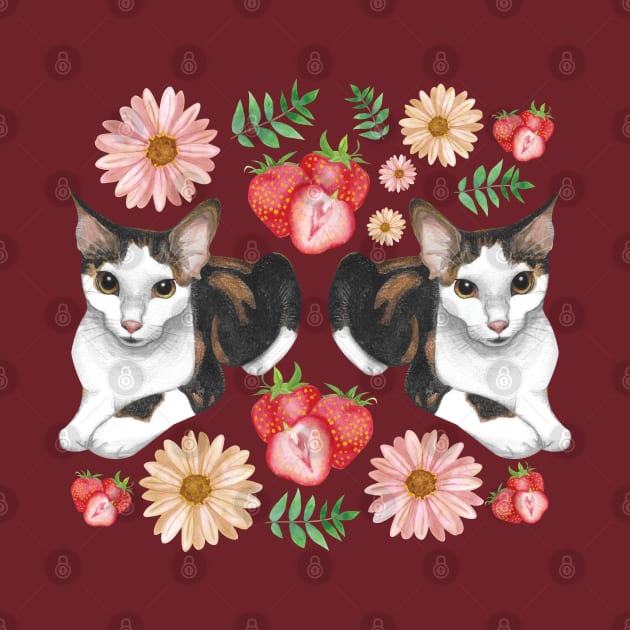 Calico Cat with Strawberries Daisies and Leaves by Penny Passiflora Studio