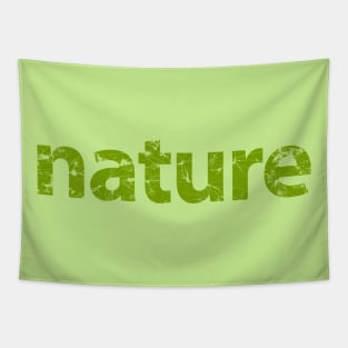 The word 'nature' in typography with leaf veins showing through the lettering. Tapestry