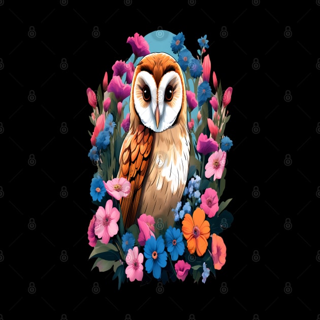 Cute European Barn Owl Surrounded by Bold Vibrant Spring Flowers by BirdsnStuff