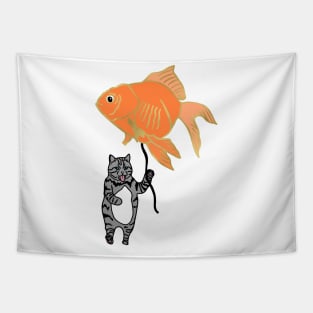 Surreal Art: Cat with a Goldfish balloon Tapestry