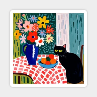 Black Cat in Still Life Painting with Flower Vase Magnet