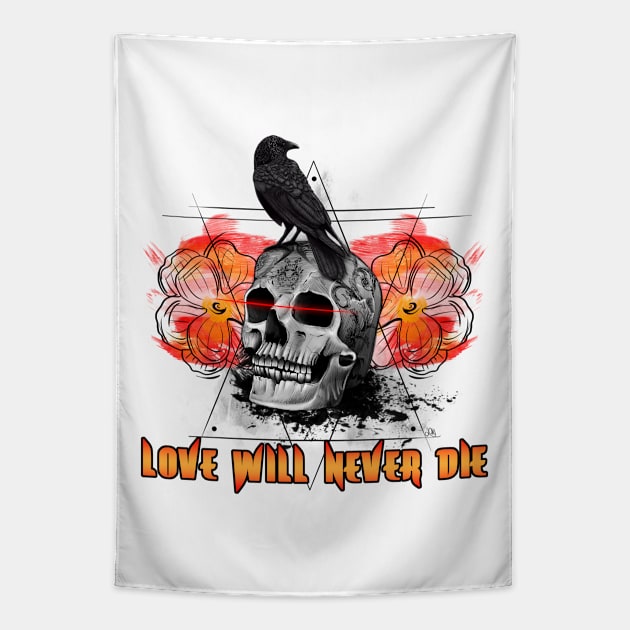 Love Will Never Die Skull and Crow Tapestry by ilhnklv