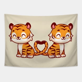 Cute Tiger Couple With Love Heart Tail Cartoon Tapestry