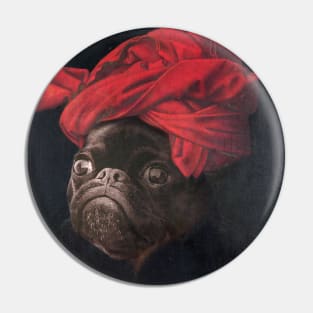 Portrait of a Black Pug in a Red Turban Pin