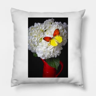 White Hydrangea With Yellow Orange butterfly Pillow