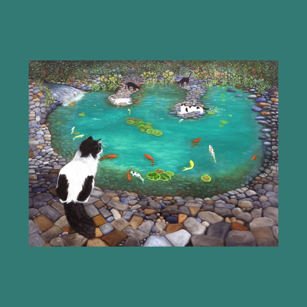 Tuxedo Cats at the Koi Pond by KarenZukArt