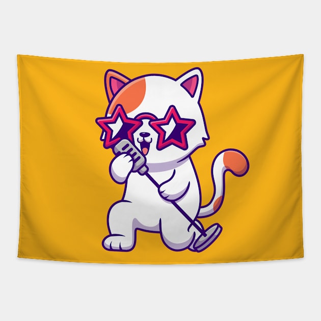 Cute Cat Singing With Microphone Tapestry by Catalyst Labs