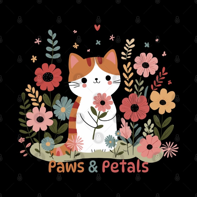 Paws and Petals | Cute Kawaii Kitty Cat with Flowers | Kitty Cat Lover Design by Nora Liak