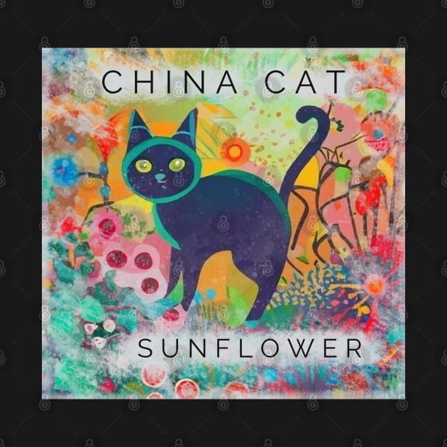 China Cat Sunflower Colorful Cartoon kitty with flowers by Aurora X