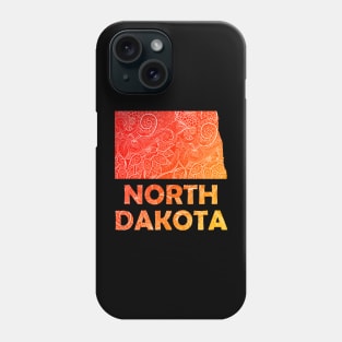 Colorful mandala art map of North Dakota with text in red and orange Phone Case