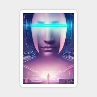 Girl face in futuristic cyberpunk style in neon colors Magnet