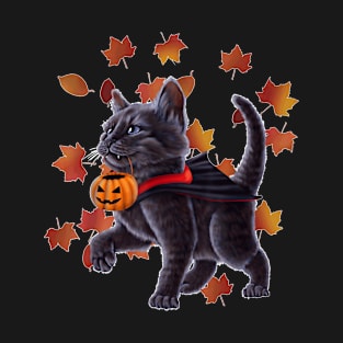 Cat In A Vampire Costume Holding A Pumpkin. Halloween Kitten T-Shirt