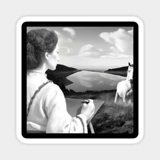 Girl painting in black and white photo field Magnet