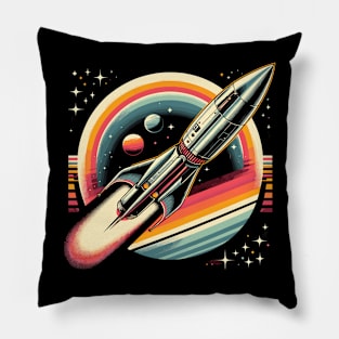 Galactic Voyage: Retro Rocket's Stellar Journey Pillow
