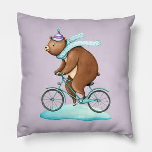 Happy brown bear on a bicycle Pillow