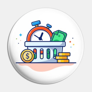 Stack of coin with timer and money box cartoon Pin