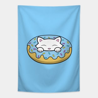 Cute white kitten eating a big blue doughnut with sprinkles on top of it Tapestry