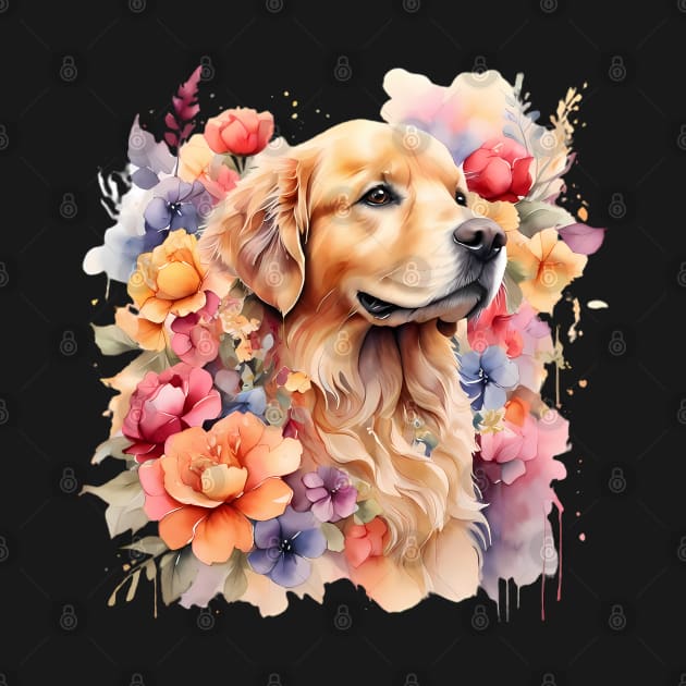 A golden retriever decorated with beautiful watercolor flowers by CreativeSparkzz