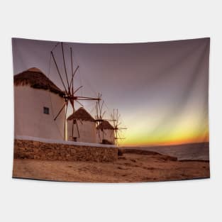 Sunset at the famous windmills of Mykonos, Greece Tapestry