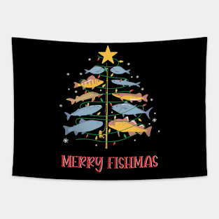 Merry Fishmas Christmas Fishing Fish Fisherman Tree Tapestry