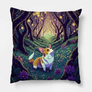 Corgi in an enchanted forest Pillow