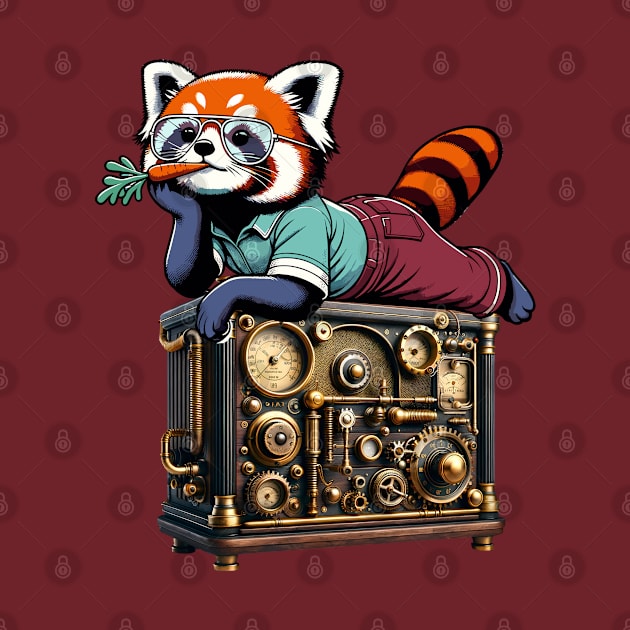 Red Panda Relaxing on Vintage Radio - Unique Digital Art by TimeWarpWildlife