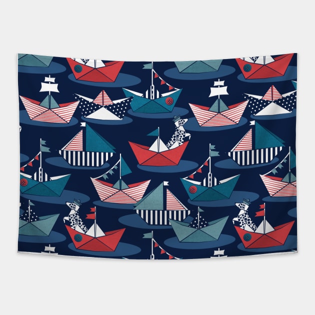 Origami dog day at the lake // pattern // navy blue background red teal and blue origami sail boats with cute Dalmatian Tapestry by SelmaCardoso