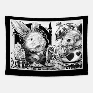 Wonderland - Tea Party - White Outlined Version Tapestry