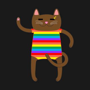 Brown Cat Wearing a Rainbow Striped Onesie One Piece Swimsuit T-Shirt