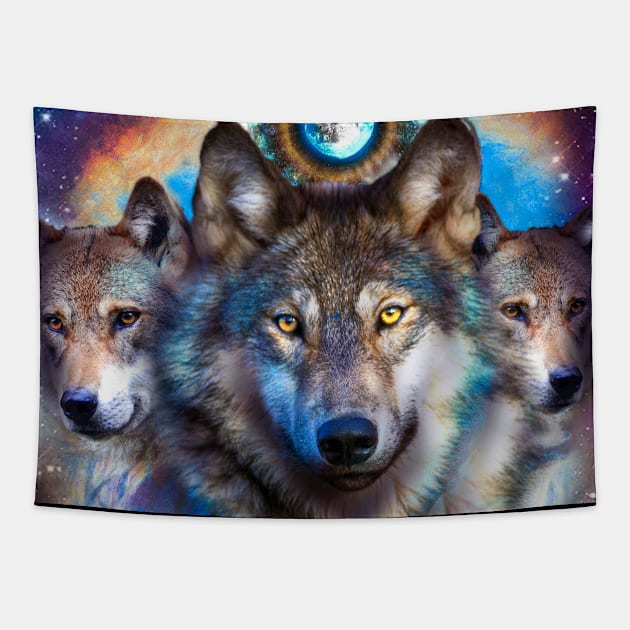 Cosmic Space Wolf Wolves Pack Moon Tapestry by Random Galaxy