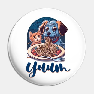 Funny Little Cat and Dog Eating Spaghetti Pin