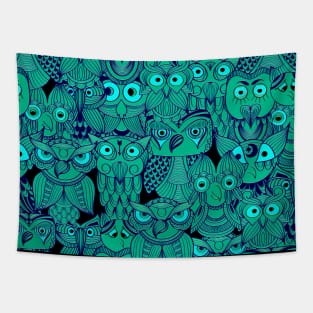 Tribal Design of Whimsical Green Owls Tapestry