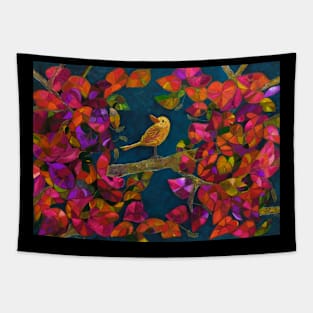 Magenta leaves and bird Tapestry